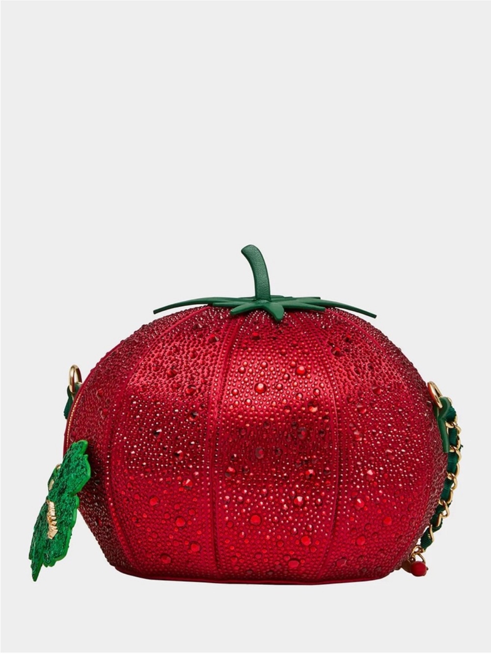 Betsey Johnson Red Crystal Tomato Crossbody Bag with Green Leaf Accent